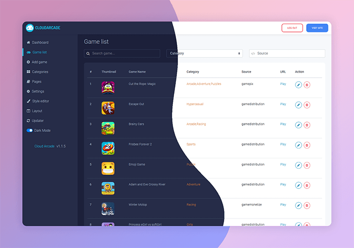 cloudarcade dashboard gamelist